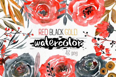 Watercolor red black gold flowers