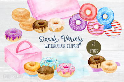Watercolor clipart donut variety 