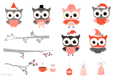 Red grey winter owls clipart, Cute Christmas owl characters clip art, Kawaii winter bird, Holiday woodland animal