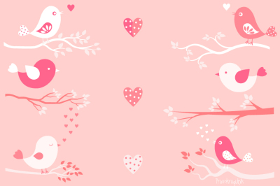 Cute Valentine birds clipart, Pink love bird clip art set, Valentine's day clipart, Birds on branches
