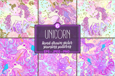 Unicorn seamless patterns set