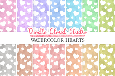 Watercolor Hearts digital paper, Hearts patterns, pastel watercolor background, Instant Download, for Personal & Commercial Use