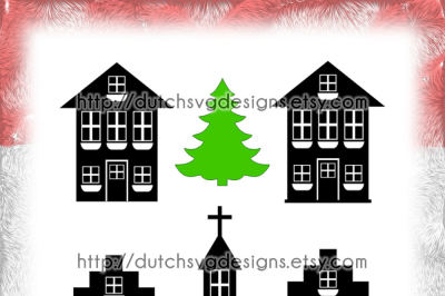 Cutting file houses, church and christmas tree, in Jpg Png SVG EPS DXF, for Cricut & Silhouette, card, scrapbook, diy, paper hobby