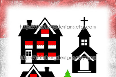 Cutting file houses, church and christmas tree, in Jpg Png SVG EPS DXF, for Cricut & Silhouette, scrapbook, card, diy, paper hobby