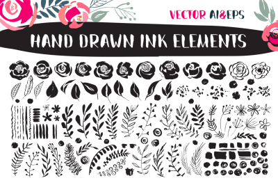 Vector ink floral elements: flowers, leaves, branches etc.