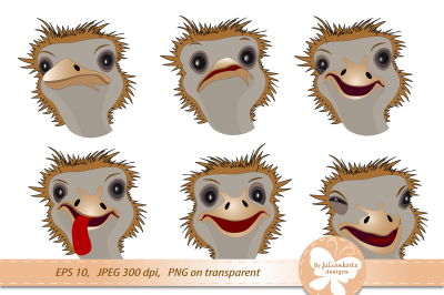 Icons in the form of an funny ostriches, depicting various emotions. Archive contains: JPEG format with 300 dpi resolution, isolated on white background, PNG transparent background, EPS 10 for use in any desired size.