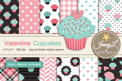 Valentine Cupcakes Digital Papers & Clipart