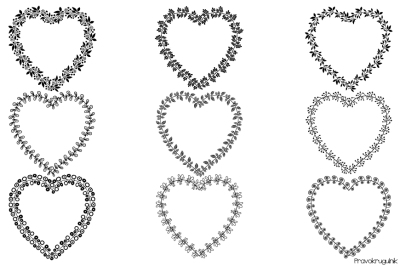 Heart shaped frames set, Valentine wreaths clipart, Black floral borders collection, Love clipart
