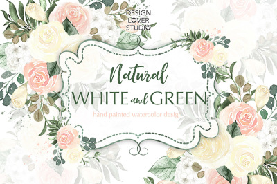 Watercolor white and green flower design