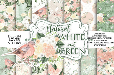 Watercolor Natural White and Green flower digital paper pack