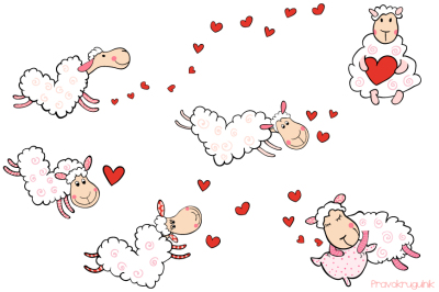 Heart shaped sheep clipart set, Valentine sheep clip art, Love clipart, Cute kawaii sheep