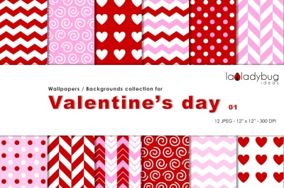 Valentine's day patterns. Digital papers. Wallpapers. Backgrounds. Love