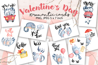 10 Valentine&amp;#039;s Day Romantic Watercolor Cards with cats