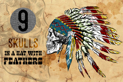 skulls in a hat with feathers.