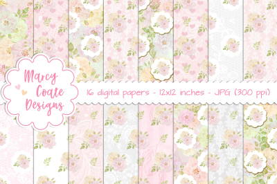 Watercolor Roses Digital Papers - wild roses shabby style
