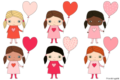 Cute girls clipart, Kawaii girl clip art set, Valentine clipart, Love clip art