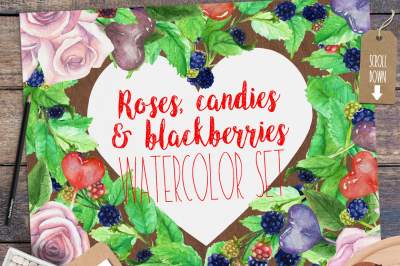 Valentine's Day Watercolor Roses &Sweets Set