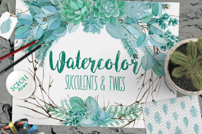 Wedding Watercolor Succulent & Eucalyptus Set 