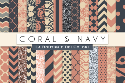 Coral and Navy Digital Papers