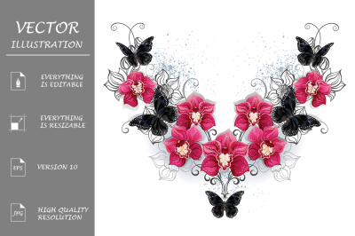 Symmetric pattern of orchids and black  butterflies