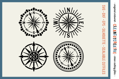 Set of 4 Retro Compasses - SVG DXF EPS PNG - Cricut & Silhouette - clean cutting files