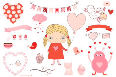 Cute Valentine clipart set, Kawaii love clip art collection, Pink red heart, cupcake, banner, bunting
