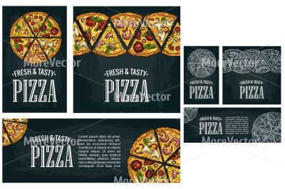 Set posters with slice pizza Pepperoni, Hawaiian, Margherita, Mexican, Seafood, Capricciosa