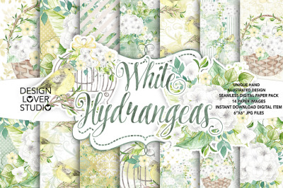 Watercolor White Hydrangea digital paper pack