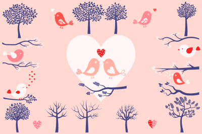 Love birds clipart set, Bird and tree clip art, Branches silhouettes clipart