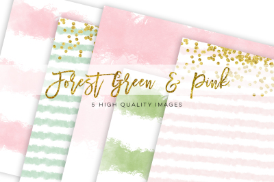forest green and pink watercolor paper, gold pink watercolor paper, Watercolor Digital Scrapbooking Paper, scrapbook paper gold pink texture