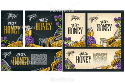 Set horizontal, vertical and square and posters with honey, honeycomb, jar, spoon, bee