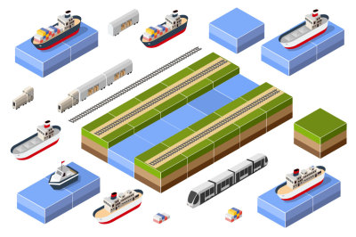 Trains, ships isometric vector EPS, PNG, PSD JPG