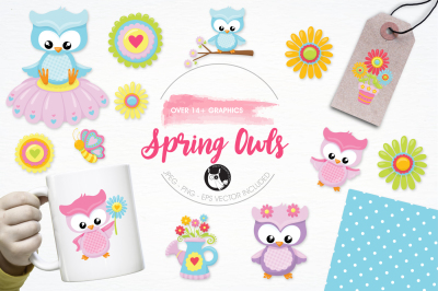 Spring Owls graphics and illustrations