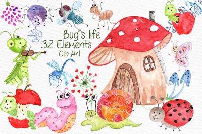 Watercolor bugs clipart