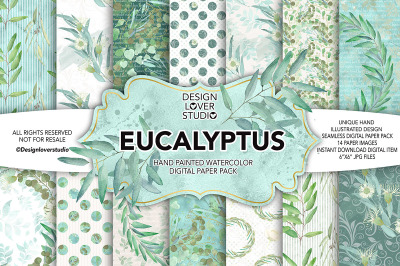 Watercolor Eucalyptus digital paper pack
