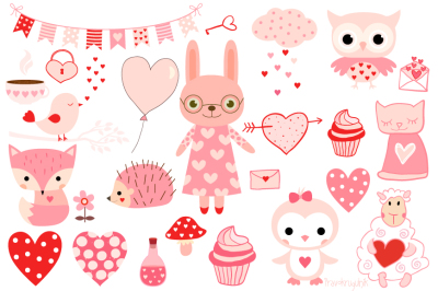 Valentine animals clipart set, Cute pink animal clip art, Love clipart collection