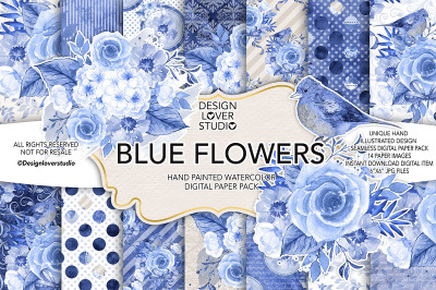 Watercolor Blue Flowers digital paper pack