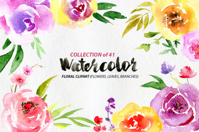 Watercolor flowers, branches, leaves (41 png)