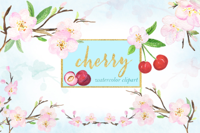Cherry. Watercolor clipart.
