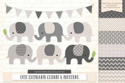 Pattern Zoo Vector Elephants Clipart &amp; Digital Papers in Grey