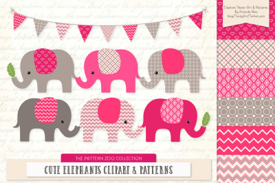 Pattern Zoo Vector Elephants Clipart &amp; Digital Papers in Hot Pink