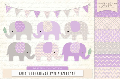 Pattern Zoo Vector Elephants Clipart &amp; Digital Papers in Lavender