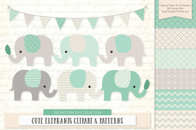 Pattern Zoo Vector Elephants Clipart &amp; Digital Papers in Mint