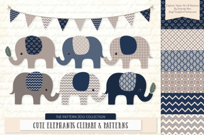 Pattern Zoo Vector Elephants Clipart &amp; Digital Papers in Navy