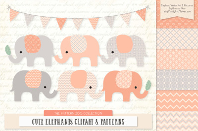 Pattern Zoo Vector Elephants Clipart &amp; Digital Papers in Peach