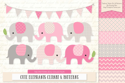Pattern Zoo Vector Elephants Clipart &amp; Digital Papers in Pink