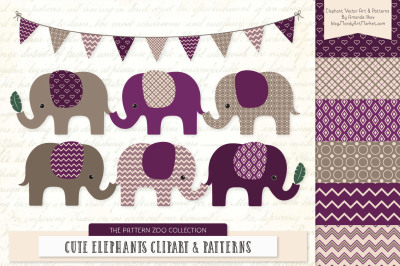 Pattern Zoo Vector Elephants Clipart &amp; Digital Papers in Plum
