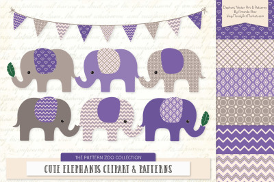 Pattern Zoo Vector Elephants Clipart &amp; Digital Papers in Purple