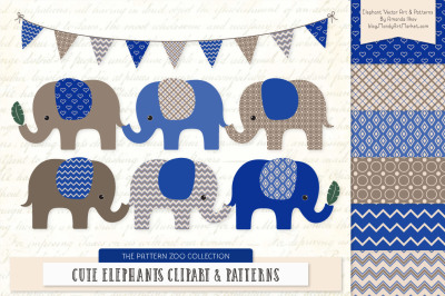 Pattern Zoo Vector Elephants Clipart &amp; Digital Papers in Royal Blue