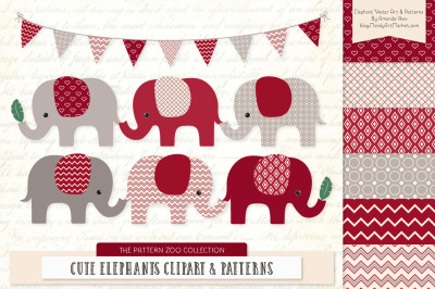 Pattern Zoo Vector Elephants Clipart &amp; Digital Papers in Ruby